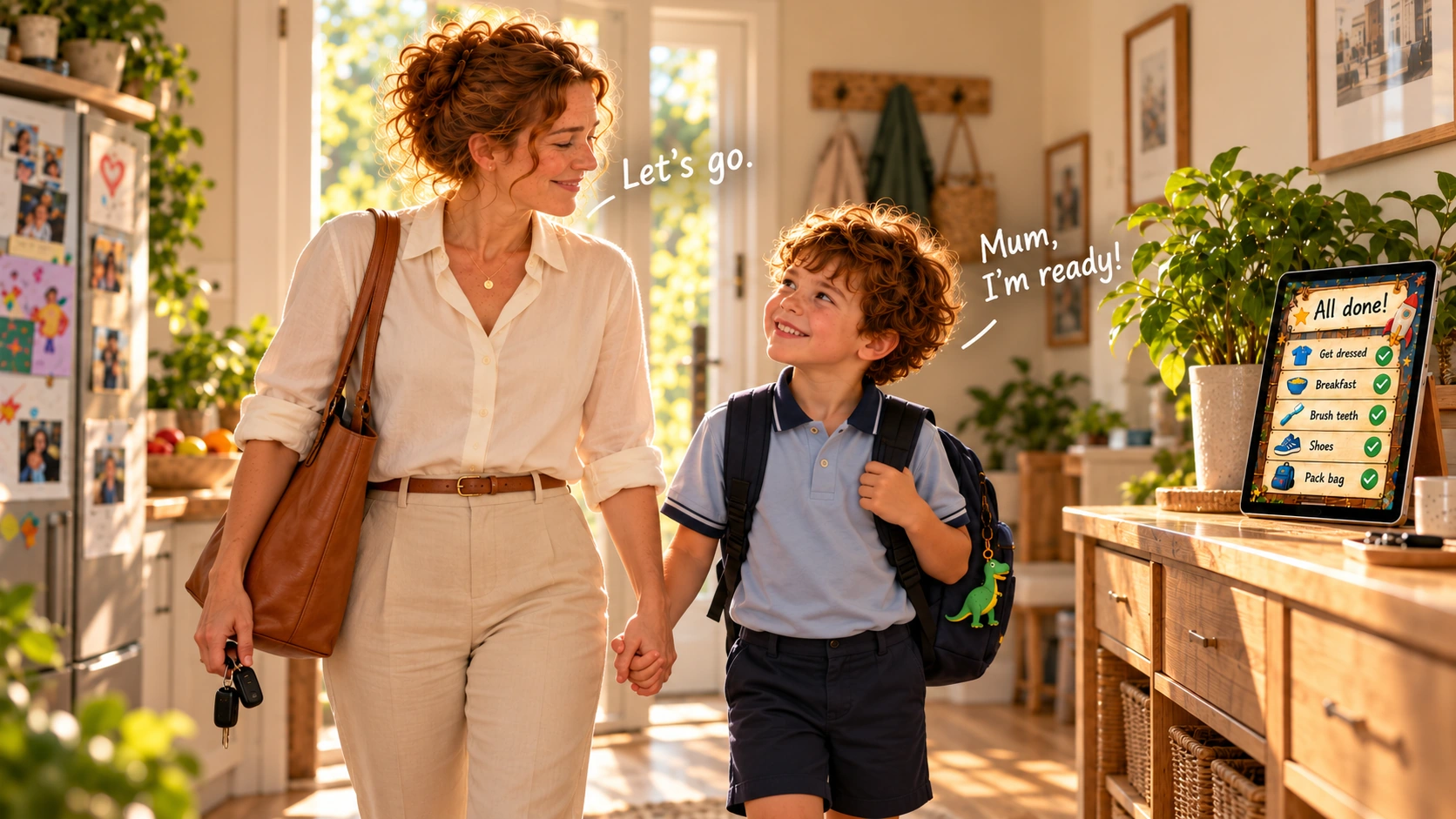 The same mum in a light outfit and her son dressed and ready together by the front door