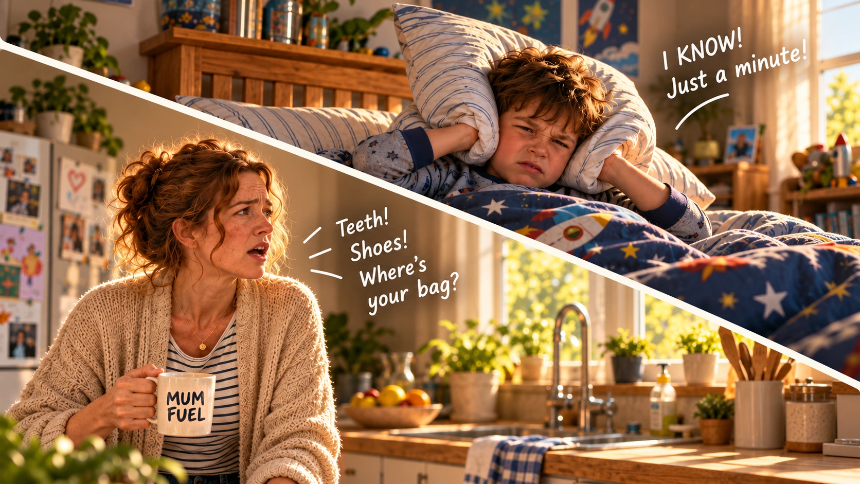 Mum calling out with her Mum Fuel mug, while her young son covers his ears with a pillow in bed