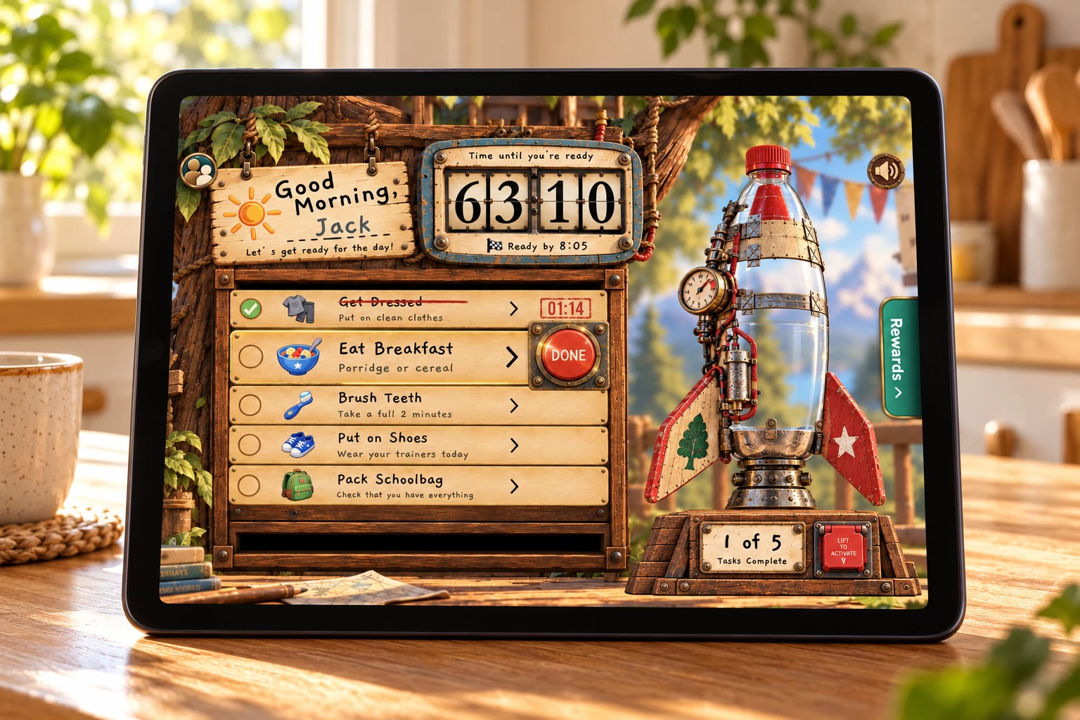 The original TLR tablet interface: a morning task board and a rocket filling with fuel