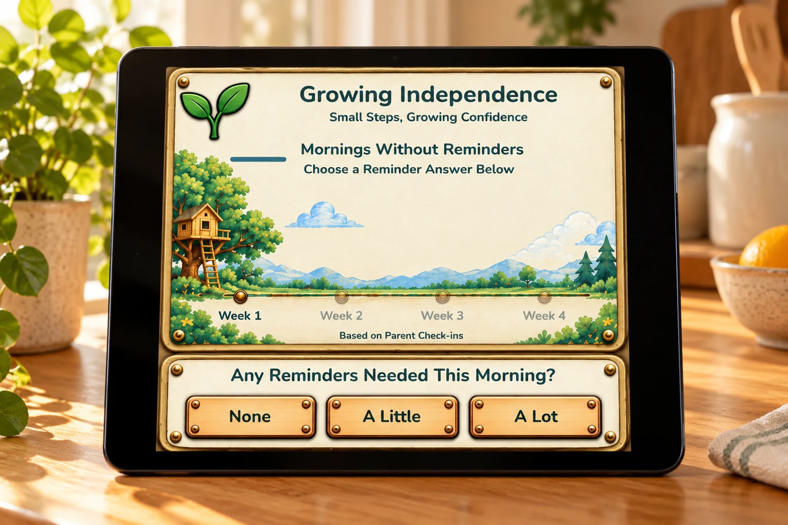 The actual Growing Independence view and morning reminder check-in in the TLR parent app